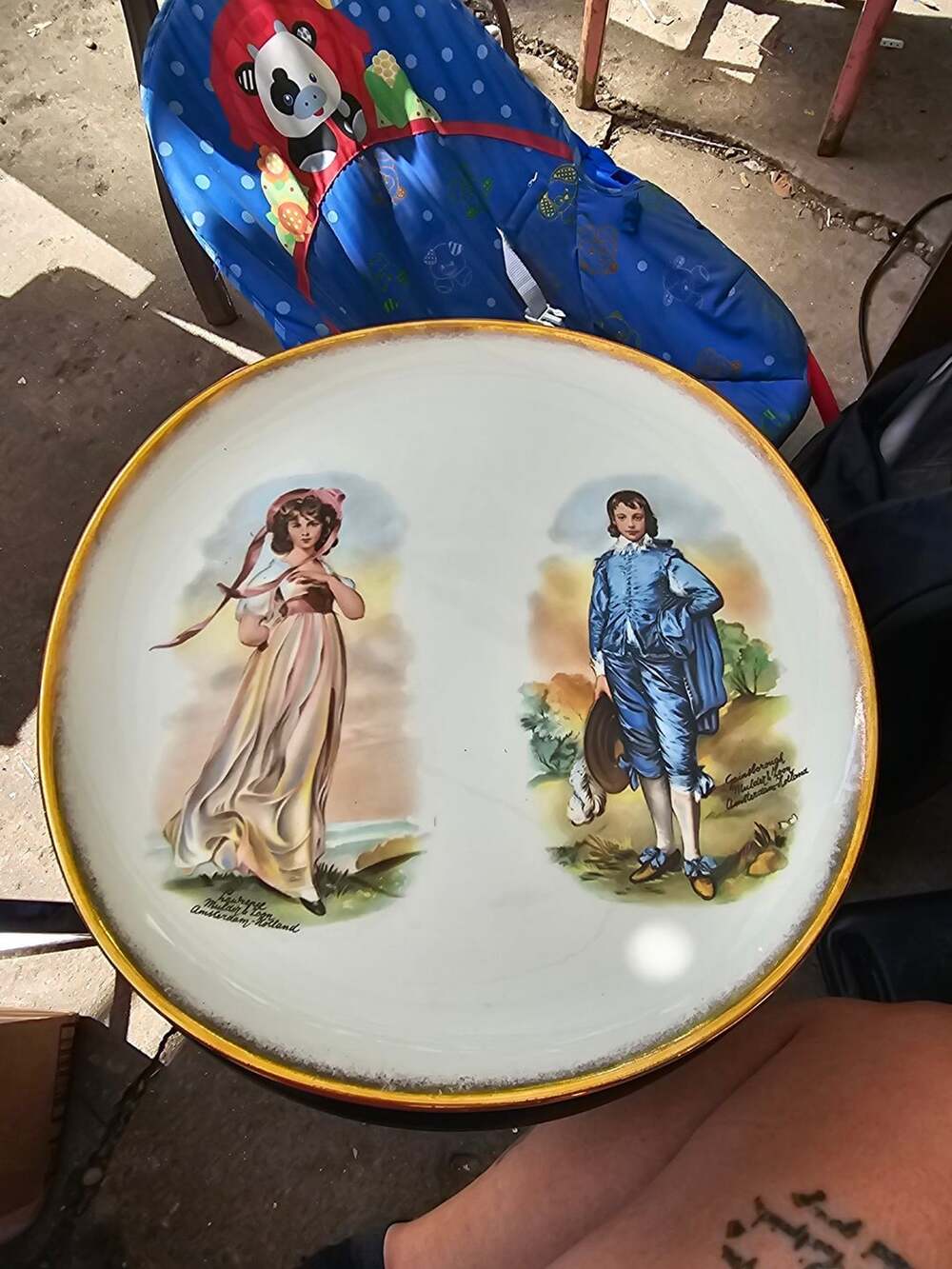 Vintage Iva-Lure Crooksville 12" Decorative Plate Blue Boy and Pinky Gold Trim